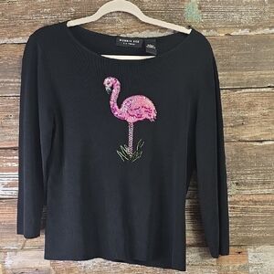 Robbi Bee Black Blouse with Pink Flamingo Embroidery, Size L